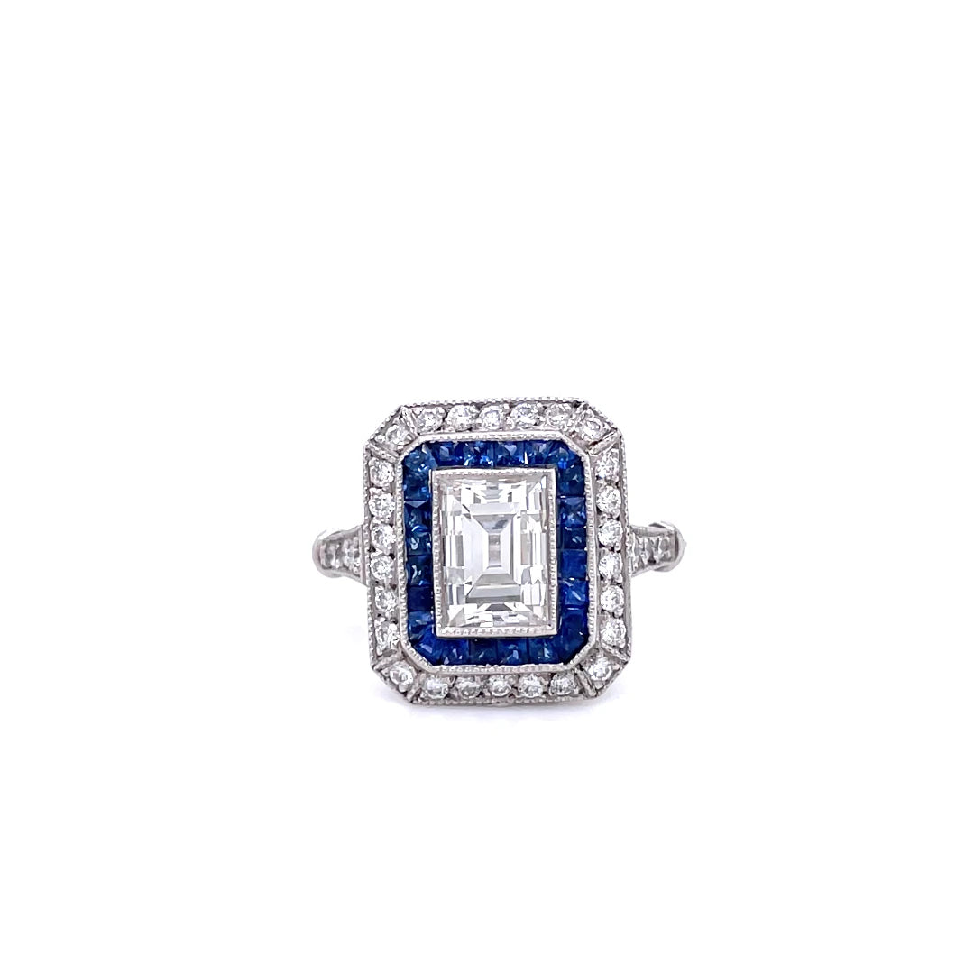 1.48ct GIA Certified Emerald Cut Diamond and Calibre Sapphire Art Deco Style Target Ring