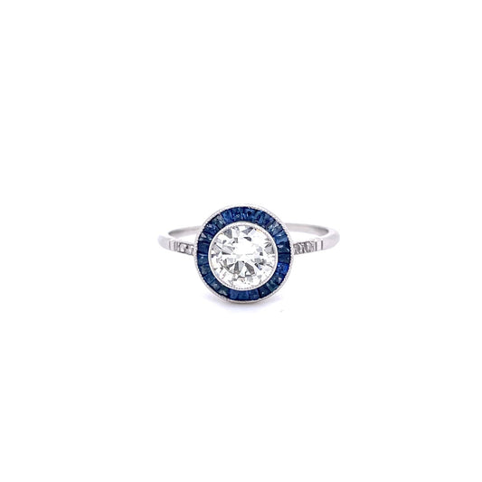 0.81ct Round Diamond and Sapphire Art Deco Style Target Ring