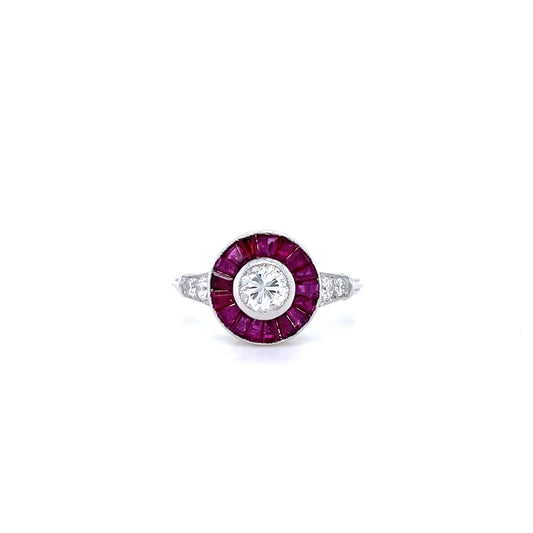 Old Cut Round Diamond and Calibre Ruby Target Cluster Ring