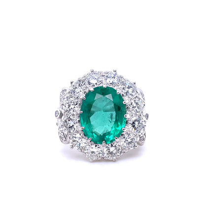 4.15ct Certified Unheated Oval Emerald And Diamond Cluster Ring