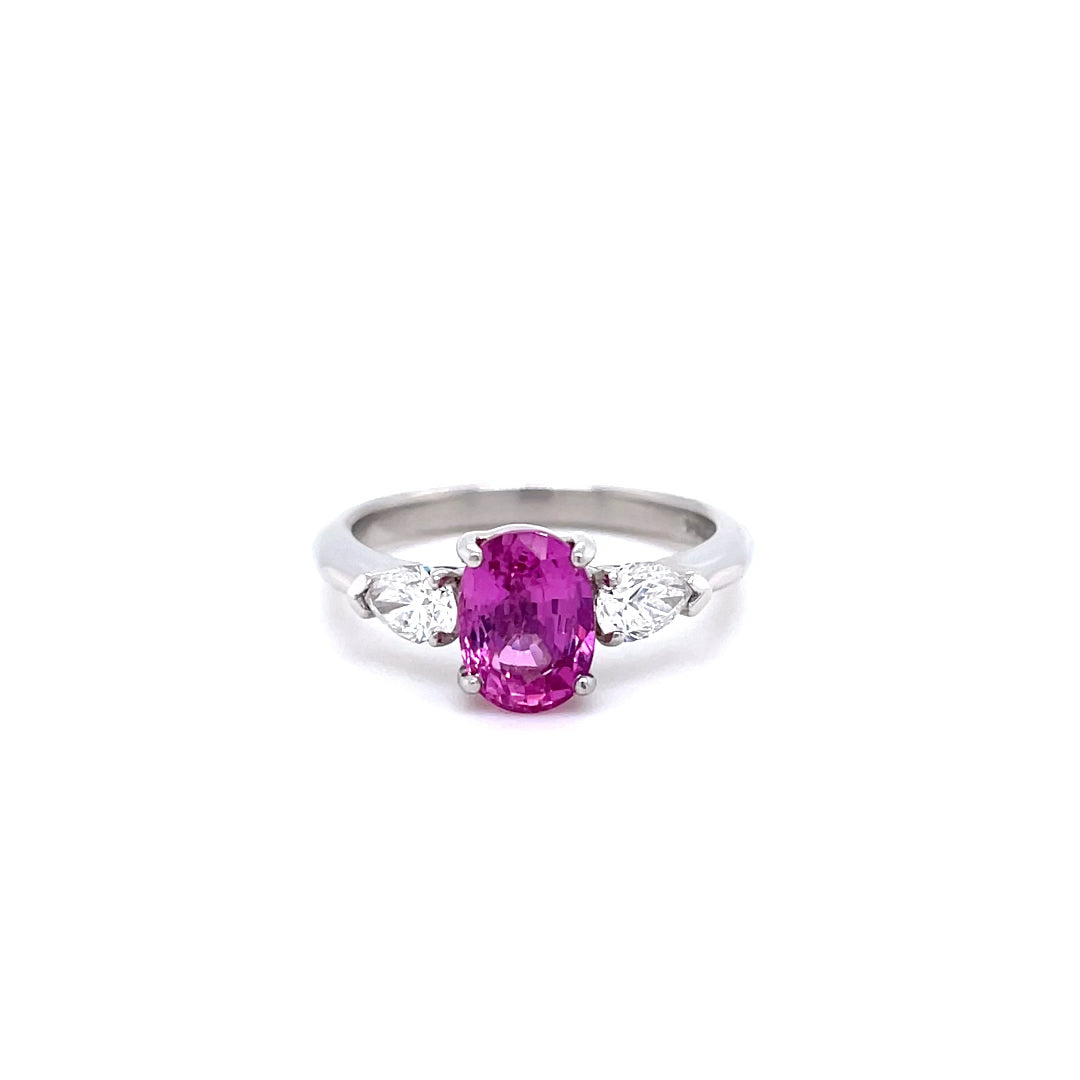 1.93ct Oval Pink Sapphire And Pear Cut Diamond Three Stone Ring