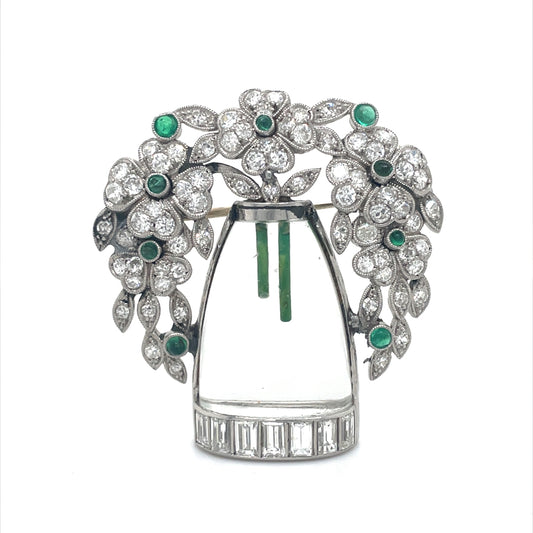 Art Deco Rock Crystal, Emerald And Diamond Flowers In A Vase Brooch