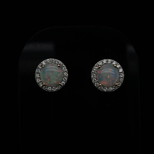 Round Opal And Diamond Cluster Stud Earrings