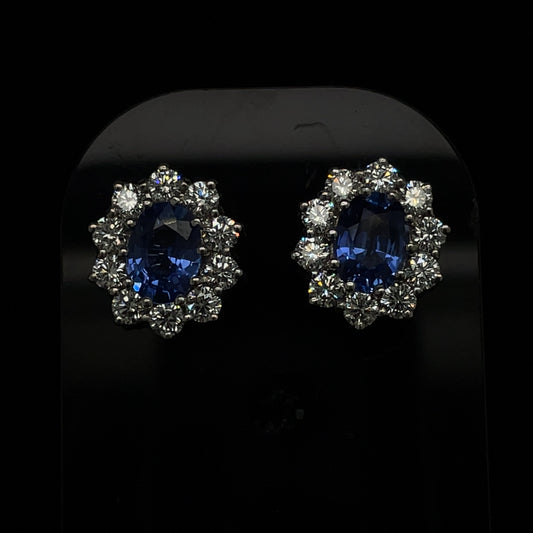 1.82ct Oval Sapphire And Round Diamond Cluster Earrings