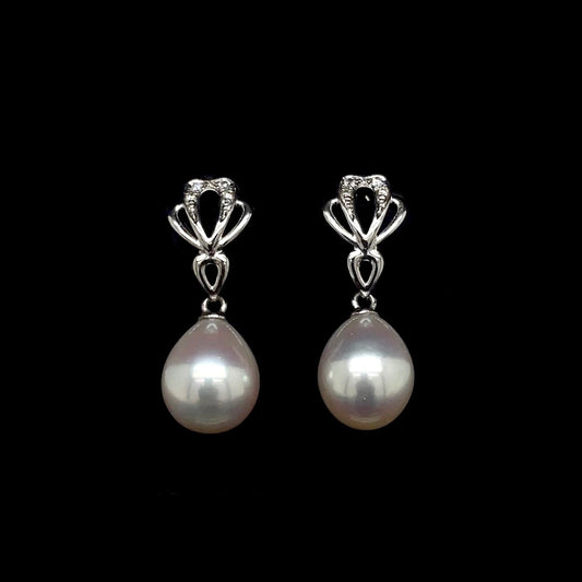 Pearl and Diamond Set Open Fan Drop Earrings