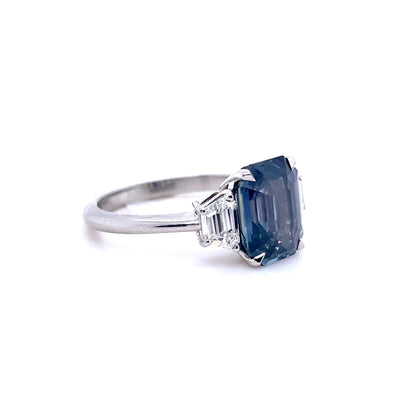 3.64ct Emerald Cut Teal Sapphire And Trapeze Diamond Three Stone Ring
