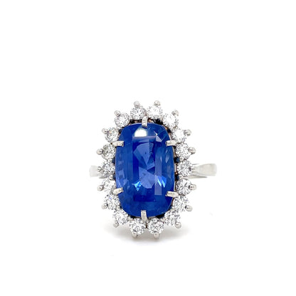 Certified Unheated Madagascan Cushion Sapphire And Diamond Cluster Ring