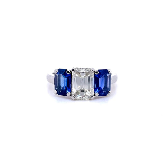 1.70ct Emerald Cut Diamond and Sapphire Three Stone Ring