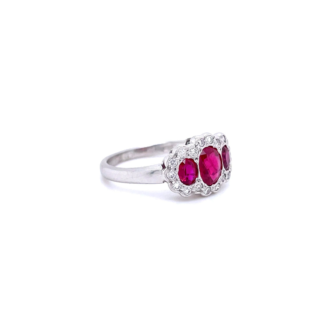 1.10ct Oval Ruby and Diamond Three Stone Cluster Ring