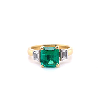 1.40ct Certified Colombian Emerald Cut Emerald And Trapezoid Diamond Three Stone Ring