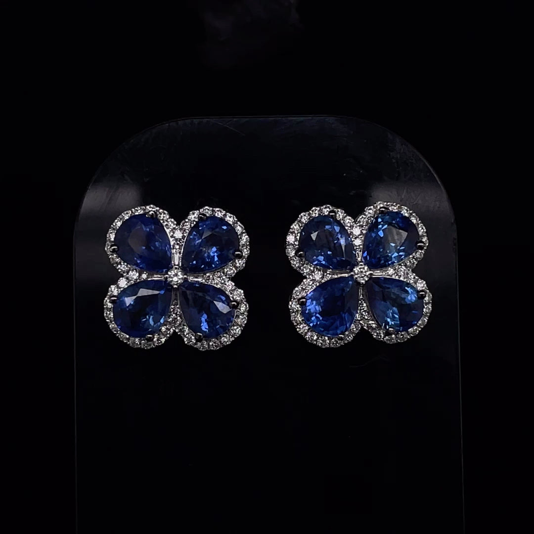 3.31ct Pear Cut Sapphire And Round Diamond Quatrefoil Cluster Earrings