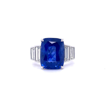 7.09ct Cushion Cut Sapphire and Trapezoid Diamond Five Stone Ring