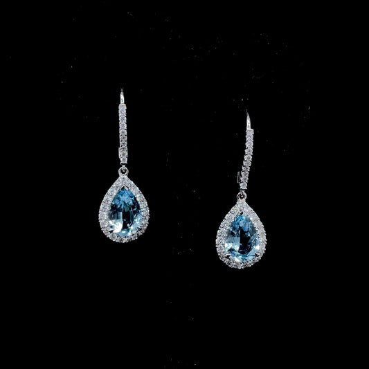 1.90ct Pear Cut Aquamarine And Diamond Cluster Drop Earrings