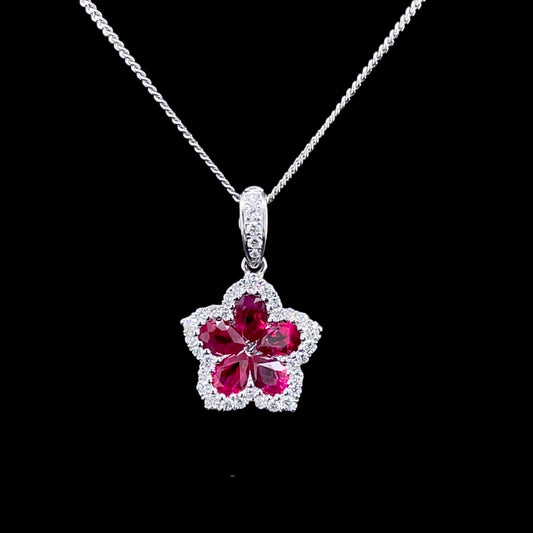 0.87ct Pear Cut Ruby And Diamond Cluster Flower Pendant