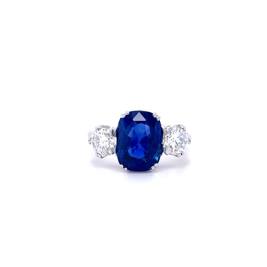 4.02ct Cushion Cut Sapphire And Diamond Three Stone Ring