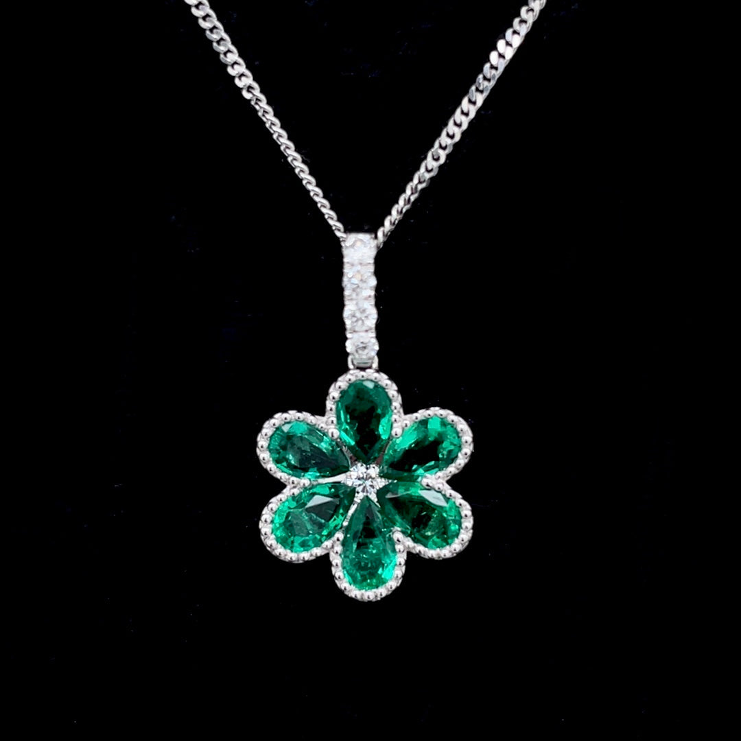 1.04ct Pear Cut Emerald Flower Pendant