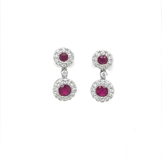Round Ruby And Diamond Double Drop Earrings