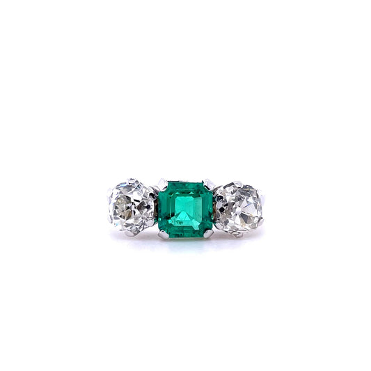 1.06ct Natural Colombian Square Emerald And Old Cut Diamond Three Stone Ring