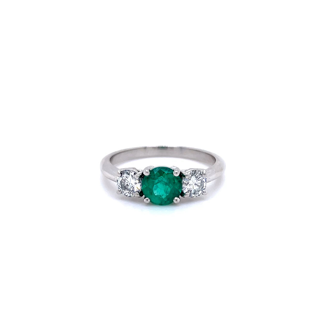 0.71ct Columbian Round Emerald And Diamond Three Stone Ring
