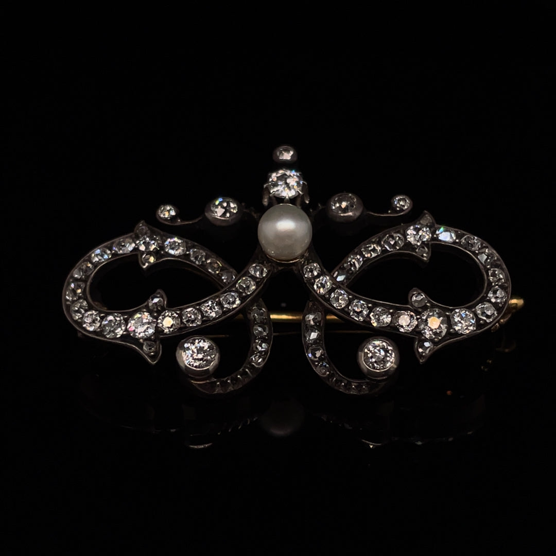 Old Cut Diamond And Pearl Double Loop Brooch