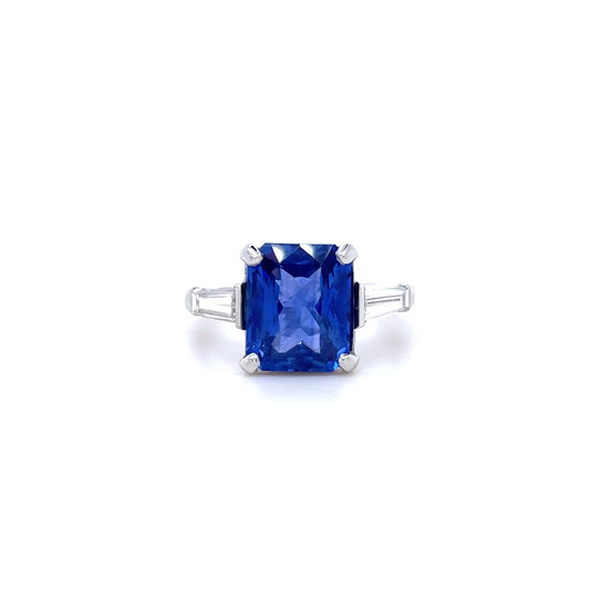 4.24ct Radiant Cut Sapphire and Diamond Three Stone Ring