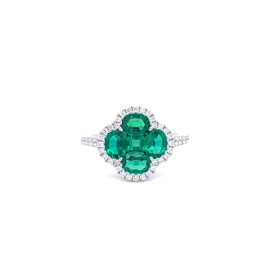 1.36ct Emerald and Diamond Quatrefoil Cluster Ring
