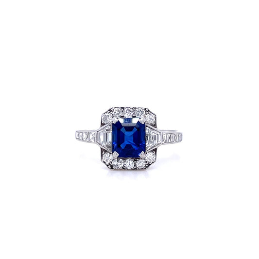 Art Deco 1.20ct Emerald Cut Sapphire and Diamond Cluster Dress Ring