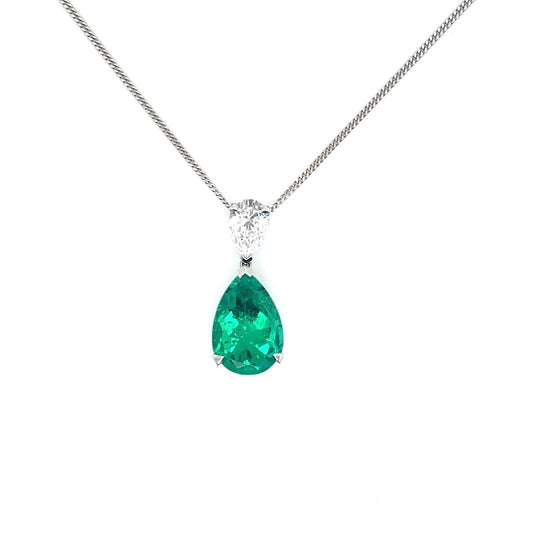 Pear On Pear Certified 3.67ct Emerald and Diamond Pendant
