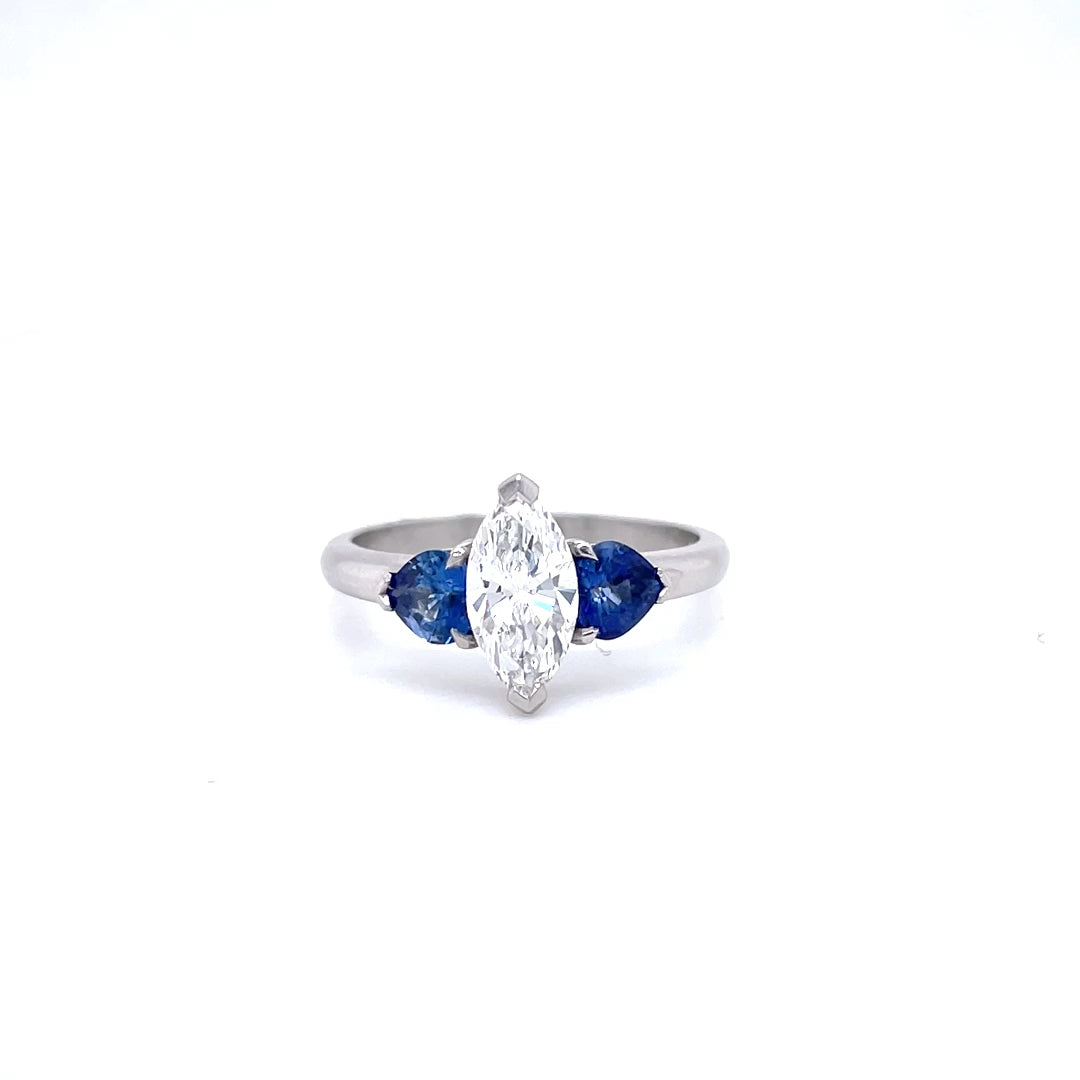 0.80ct Marquise Diamond and Heart Sapphire Three Stone Dress Ring