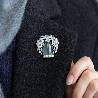 Art Deco Rock Crystal, Emerald And Diamond Flowers In A Vase Brooch