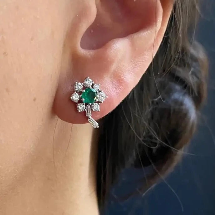 Round Emerald And Diamond Flower Cluster Earrings
