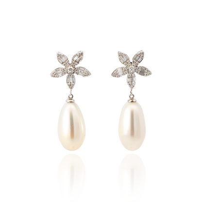 0.79ct Diamond Flower And Pear Pearl Drop Earrings