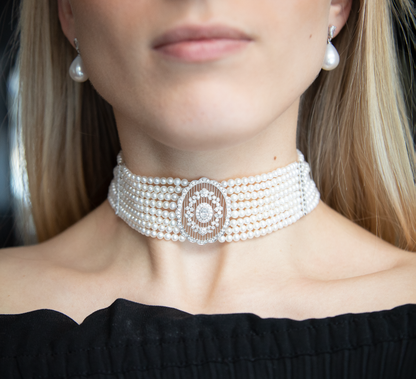 1.83ct Eight Row Pearl Choker Necklace With A Diamond Centre