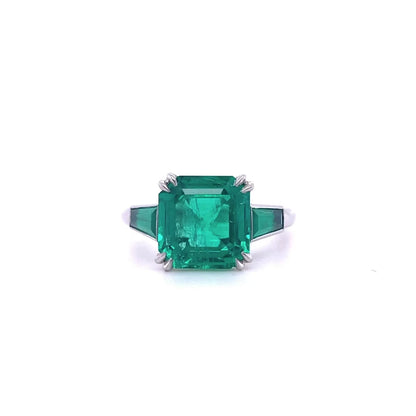 3.33ct Colombian Square Cut Emerald And Tapered Baguette Emerald Three Stone Ring