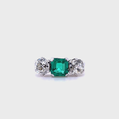 1.06ct Natural Colombian Square Emerald And Old Cut Diamond Three Stone Ring