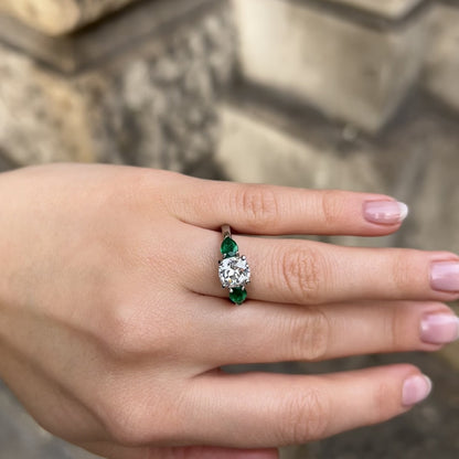 1.69ct Old Cut Emerald And Diamond Reverse Three Stone Ring