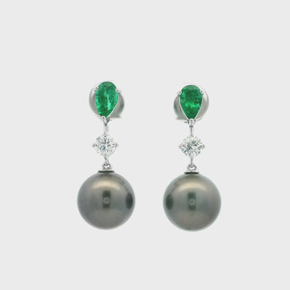 Emerald, Diamond And Tahitian Pearl Drop Earrings