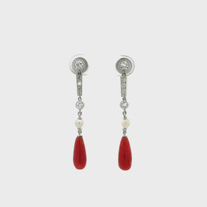 Coral, Pearl And Old Cut Diamond Drop Earrings