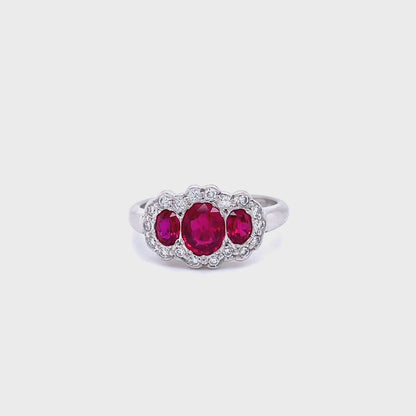 1.10ct Oval Ruby and Diamond Three Stone Cluster Ring