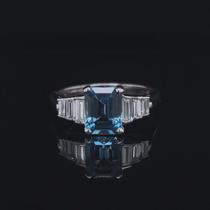 1.26ct Emerald Cut Aquamarine And Baguette Cut Diamond Seven Stone Ring