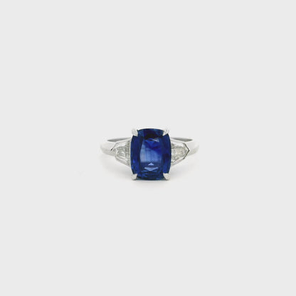 2.20ct Elongated Cushion Sapphire and Diamond Three Stone Ring