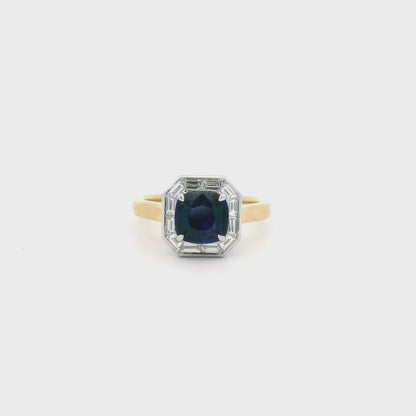 1.73ct Cushion Sapphire And Baguette Cut Diamond Cluster Ring