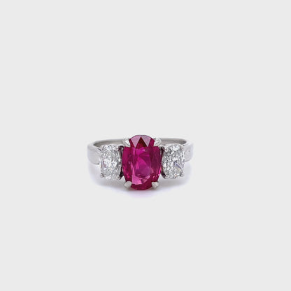 2.08ct Oval Ruby and Diamond Three Stone Ring