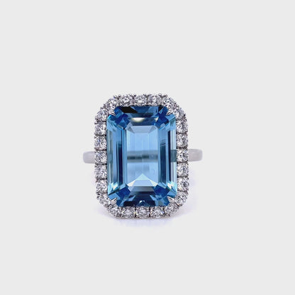 6.26ct Emerald Cut Aquamarine And Diamond Cluster Ring