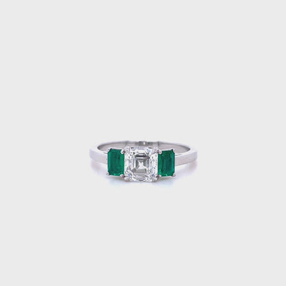 1.03ct Asscher Cut Diamond And Emerald Three Stone Ring