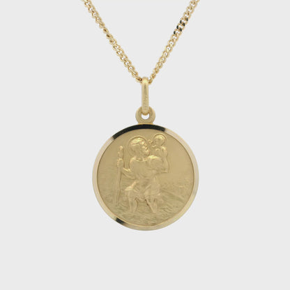 Yellow Gold Bordered Round 19mm Saint Christopher Pendant