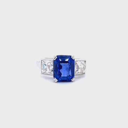 4.12ct Emerald Cut Sapphire And French Cut Diamond Three Stone Ring