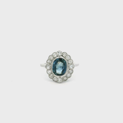 1.50ct Cushion Teal Sapphire And Old Cut Diamond Cluster Ring