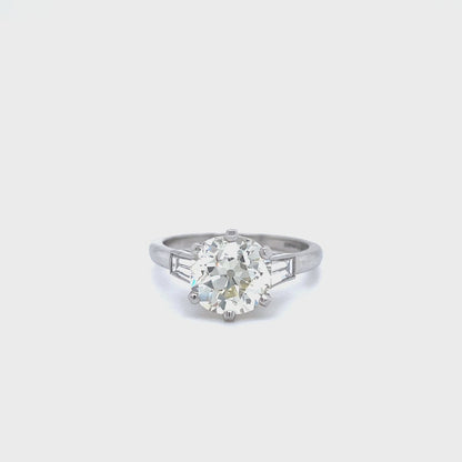 2.52ct Old Cut Diamond Solitaire Ring With Tapered Baguette Diamond Shoulders