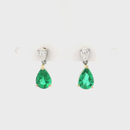 1.89ct Pear On Pear Emerald And Diamond Drop Earrings